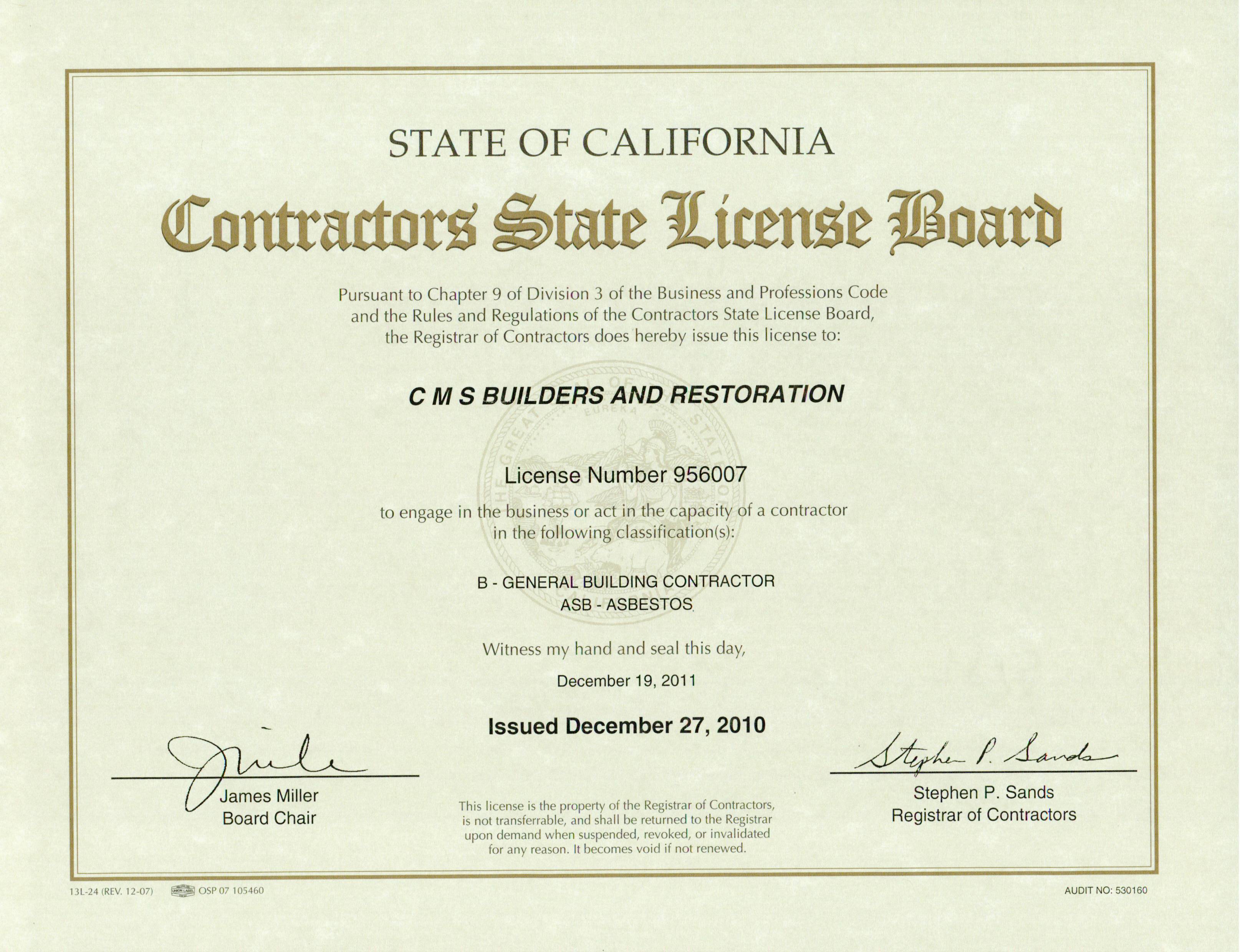 Cam Tech Contractor`S License